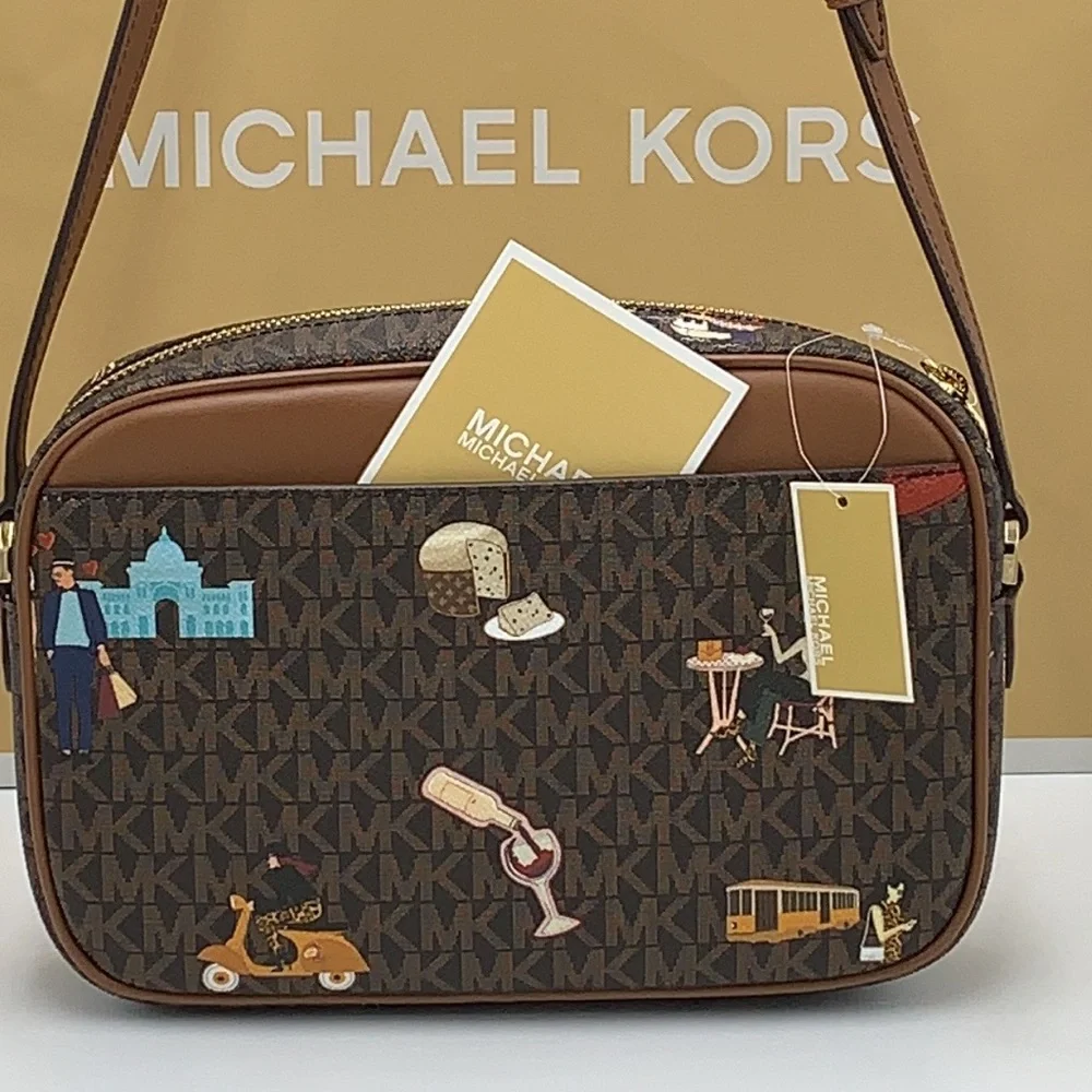 MICHAEL KORS JET SET GIRLS LARGE EAST WEST ZIP PACKED CHAIN XBODY BROWN MULTI - Picture 7 of 16
